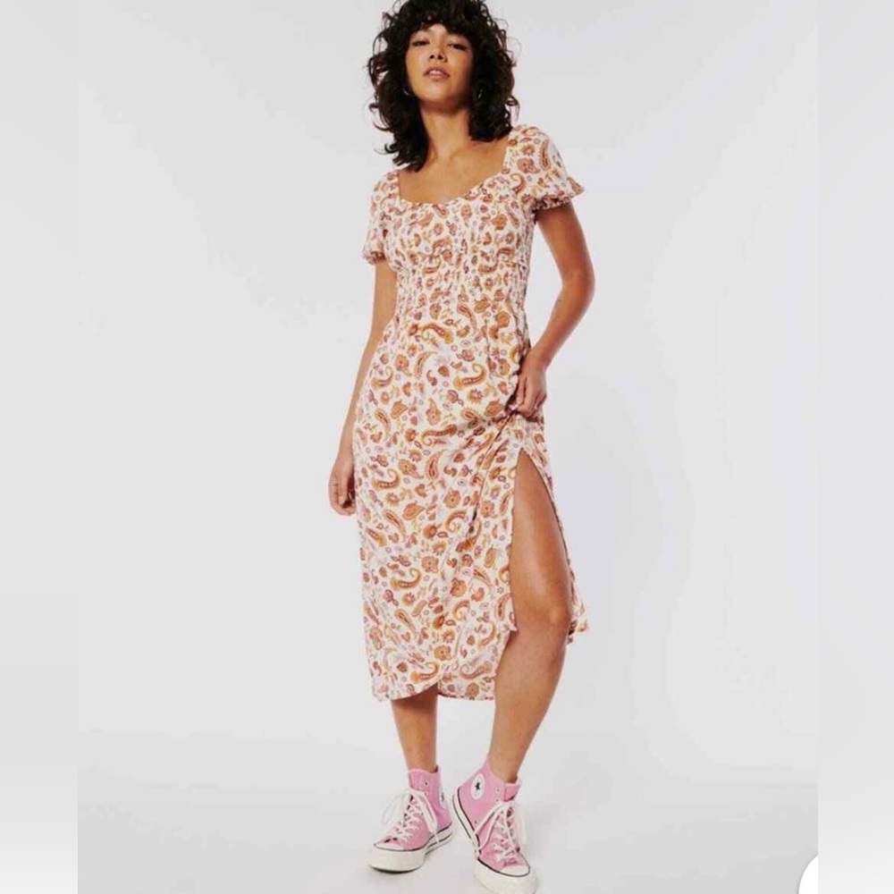 Hollister Smocked Woven Cottage Side Slit Midi Festival Boho Sundress‎